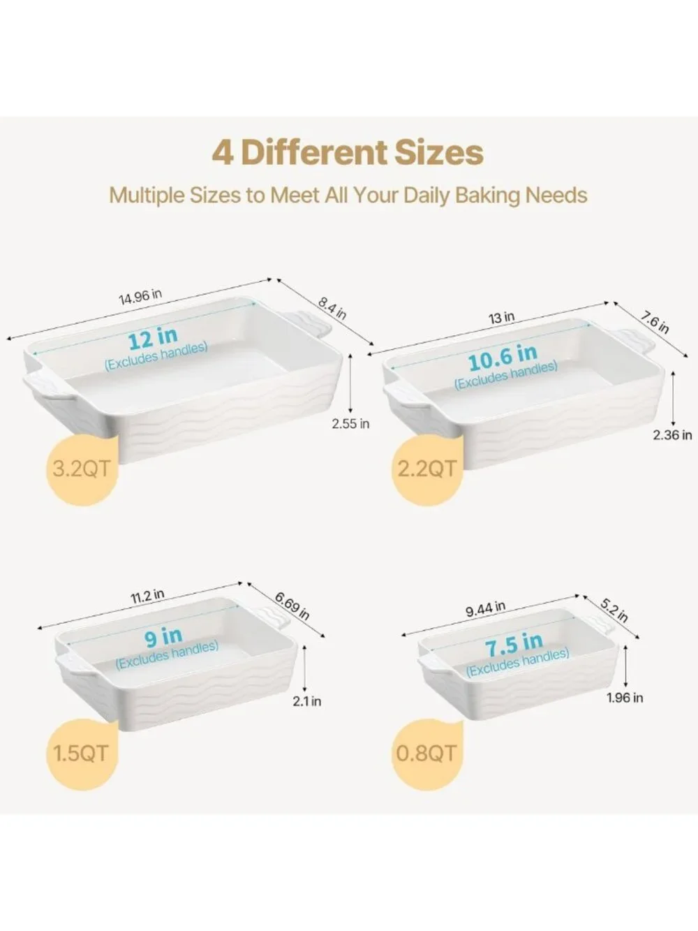 Ceramic Casserole Dishes Set of 4, Rectangular Baking Pans with Handles, White